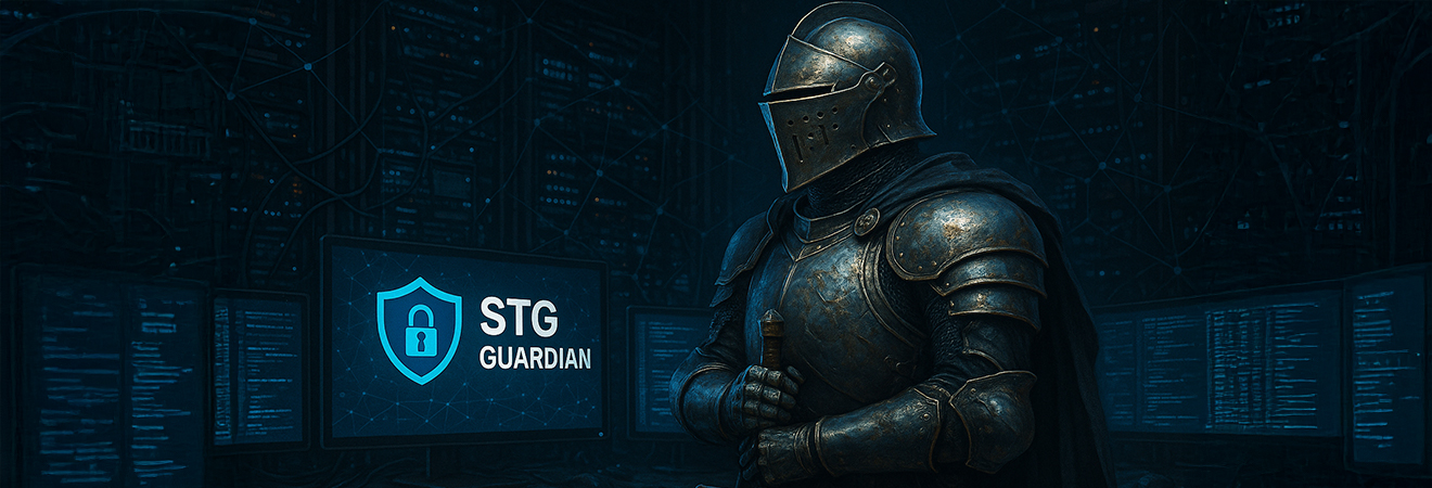A blue cybersecurity graphic featuring a shield with a lock icon and the text “STG Guardian Cyber Security” on a digital network background.