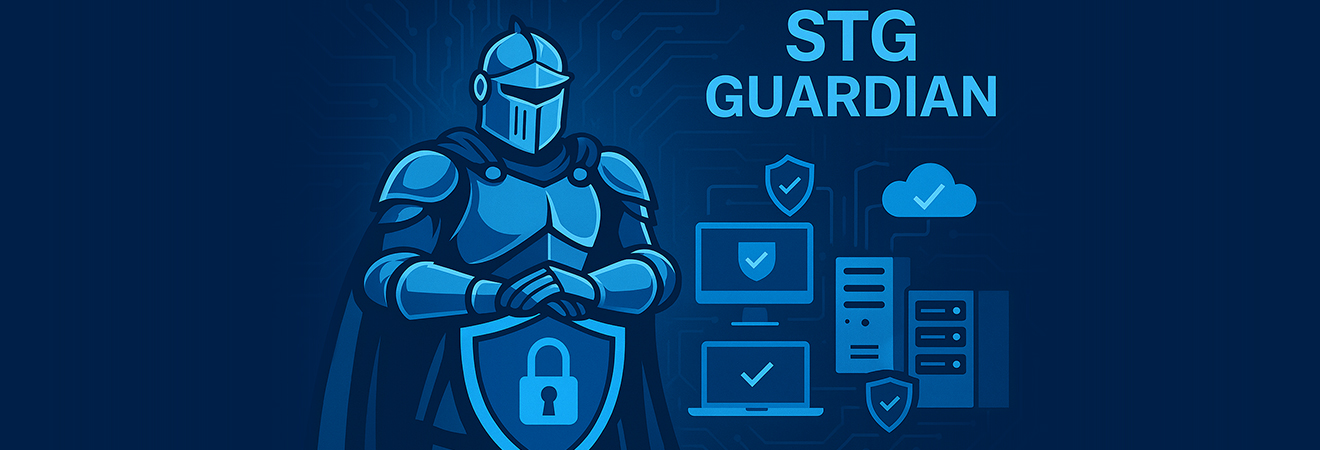 A blue cybersecurity graphic featuring a shield with a lock icon and the text “STG Guardian Cyber Security” on a digital network background.