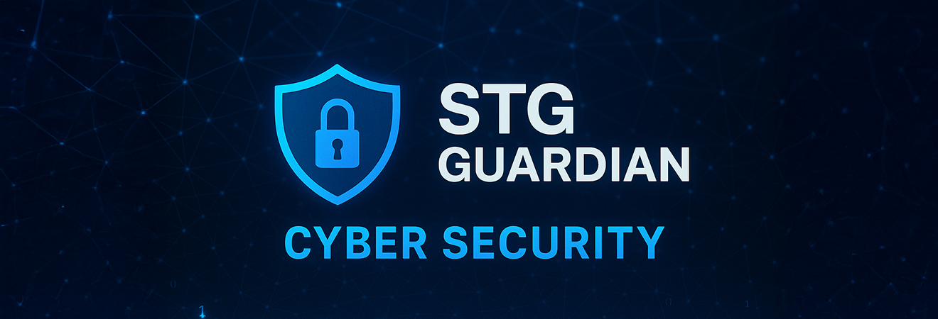 A blue cybersecurity graphic featuring a shield with a lock icon and the text “STG Guardian Cyber Security” on a digital network background.