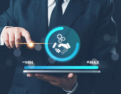 Business handshake icon with efficiency meter - We make IT easy